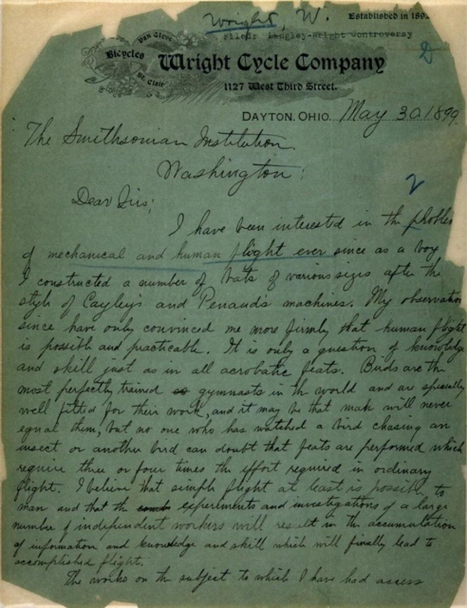 Wright Brothers Letter to Smithsonian (Pg 1 of 2)